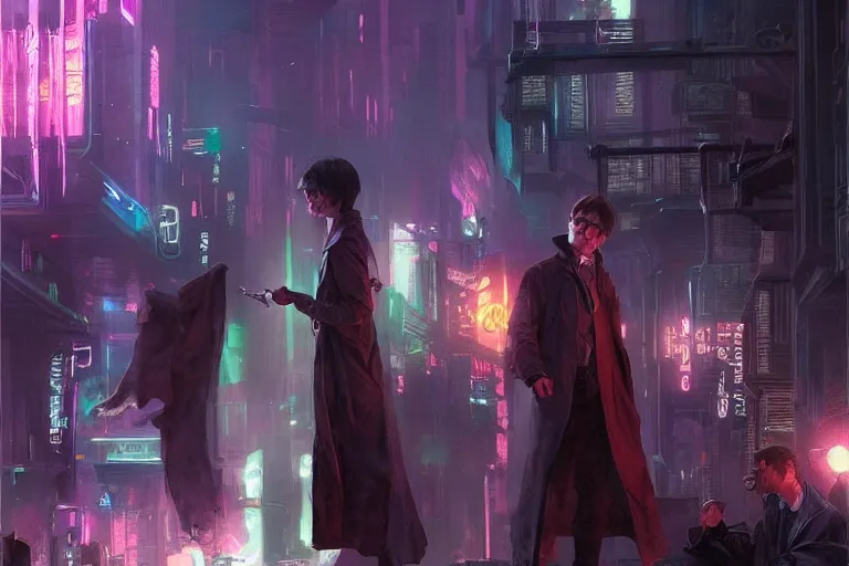 Prompt: Harry Potter in cyberpunk, neon lighting, figure in center, digital art from artstation by Ruan Jia and Mandy Jurgens and Artgerm and william-adolphe bouguereau and Greg Rutkowski and Wayne Barlowe