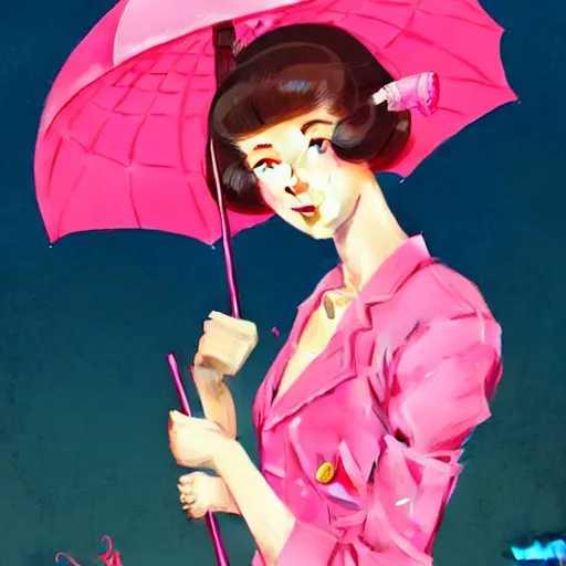 Image similar to a portrait of a girl holding a pink pinky red umbrella, confident pose, pinky red colors, genshin impact, intricate, illustration, highly detailed, concept art, matte, trending on artstation, by greg rutkowski, gil elvgren, earl moran, sharp focus, anime art, pinky red color scheme, art station, by ilya kuvshinov h 6 4 0