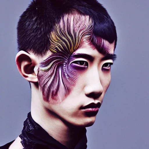 Prompt: a beautiful young japanese male wearing iris van herpen, painted by michelangelo