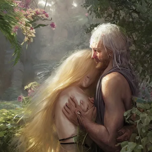 Image similar to Jesus Christ giving a blonde Swedish woman a hug in a beautiful garden, digital illustration by Ruan Jia and Mandy Jurgens and Artgerm and Wayne Barlowe and Greg Rutkowski and Zdislav Beksinski