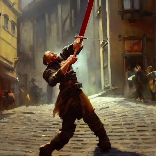 Image similar to greg manchess portrait of a man falling over a sword stuck between cobblestones, profile picture, organic painting, sunny day, matte painting, bold shapes, hard edges, street art, trending on artstation, by huang guangjian, gil elvgren, ruan jia, randy vargas, greg rutkowski