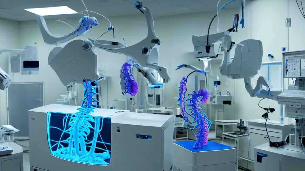 Image similar to a complex bifurcated surgical arm mri 3 d printer machine making colorful mutant forms with control panels in the laboratory inspection room, film still from the movie directed by denis villeneuve with art direction by salvador dali, wide lens