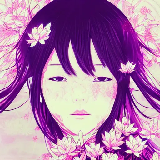 Prompt: stencil, anime, traditional Japanese, beautiful portrait of a girl surrounded by flowers, half of her body in a lotus pond,by artgerm, digital art, purple color scheme