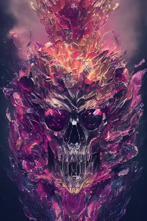 Image similar to A fancy portrait of a crystalized beast skull by Greg Rutkowski, beeple, Sung Choi, Mitchell Mohrhauser, Maciej Kuciara, Johnson Ting, Maxim Verehin, Peter Konig, final fantasy, macro lens , 8k photorealistic, cinematic lighting, HD, high details, dramatic, dark atmosphere, trending on artstation