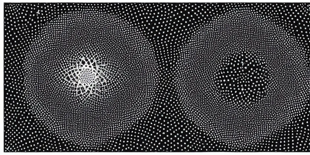 Image similar to Black and white engraving of a space scape. a star surrounded glittering debris. islamic geometry. geometric patterns. pointillism.