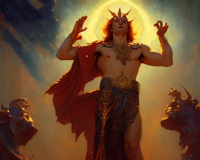 Image similar to attractive male deity, casting demonic magic, summoning handsome lucifer morning star. highly detailed painting by gaston bussiere, craig mullins, j. c. leyendecker 8 k