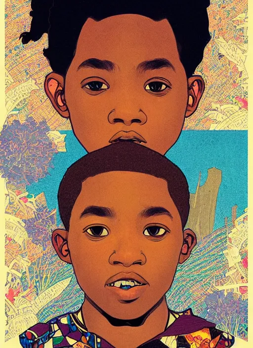 Prompt: colourful upper half portrait of an african boy - in japanese retro poster illustration style, magazine collage art by hsiao - ron cheng & alphonse mucha, magazine collage, highly detailed, digital painting, illustration, smooth, sharp focus, intricate, clustered, busy, pinterest, behance,