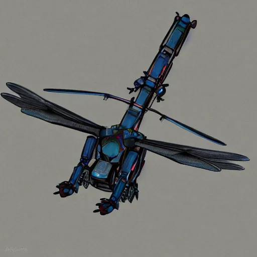 Prompt: a mechanized dragonfly with wings spread out, landing gear for legs orthographic view, top down view, bottom view, side view, blueprints, apache chopper, mecha, helicopter, space shuttle, robotic, highly detailed, artstation, super realistic, unreal engine