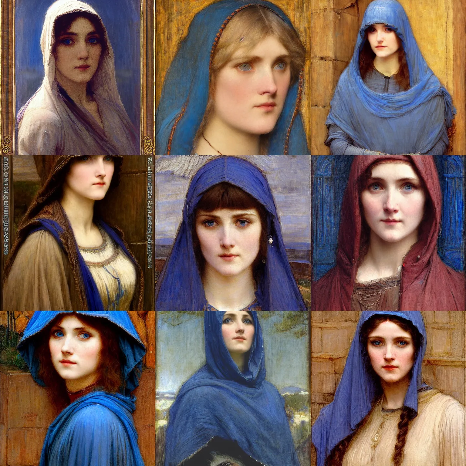 Prompt: blue-eyed woman wearing a hood intricate portrait by john william waterhouse and Edwin Longsden Long and Theodore Ralli and gaston bussiere. Cinematic, hyper realism, dramatic lighting, high detail 8k