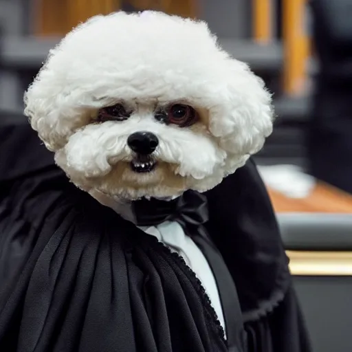 Image similar to a closeup photorealistic illustration of a smiling bichon frise judge wearing a black gown at the bench and commanding the courthouse. this 4 k hd image is trending on artstation, featured on behance, well - rendered, extra crisp, features intricate detail and the style of unreal engine.