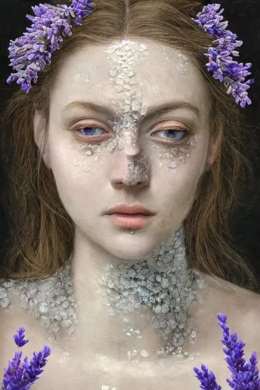 Prompt: hyperrealism close - up mythological portrait of a medieval woman's shattered face partially made of lavender colour flowers in style of classicism, pale skin, wearing silver dress, dark and dull palette