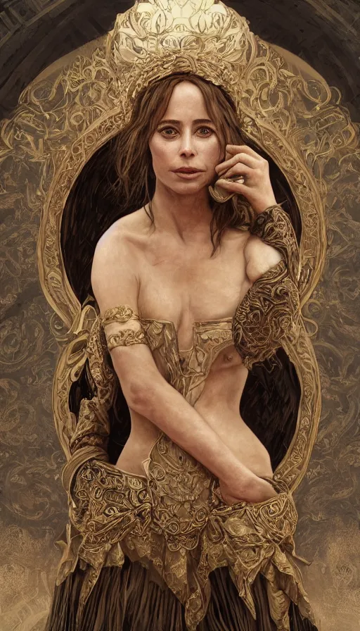 Prompt: emanuelle beart, traditional clothing, fame of thrones, fibonacci, sweat drops, intricate fashion clothing, insane, intricate, highly detailed, surrealistic, digital painting, artstation, concept art, smooth, sharp focus, illustration, unreal engine 5, 8 k, art by artgerm and greg rutkowski and alphonse mucha