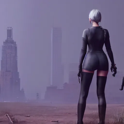 Prompt: new york city portrait of 2B nier automata wearing skin tight clothes screenshot from the video game Red dead redemption 2 digital art by Greg Rutkowski, Simon Stalenhag, christopher nolan trending on Artstation, CGSociety