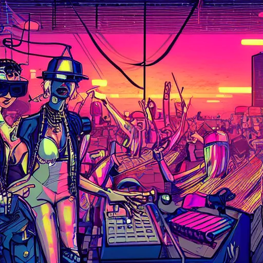 Prompt: Party in de ghetto, cybersteampunk, cartooncore, synthwave