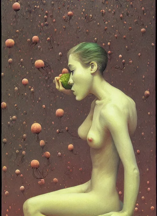 Image similar to She Eats of the Strangling Fruit and Her spiderlike gossamer glistening polyp blossoms bring iridescent fungal flowers whose spores black the foolish stars Edward Hopper and James Gilleard, Zdzislaw Beksinski, Mark Ryden, Wolfgang Lettl highly detailed