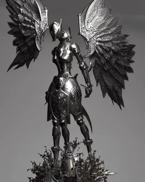 Image similar to magicpunk seraphim statue knight, chrome reflect, calming, uplifting mood, ultra realistic, funny, small buildings, highly detailed, epic lighting, illuminated, cinematic, art by eddie mendoza