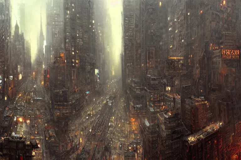 Prompt: New York City, moody scene, highly detailed, intricate, sharp details, dystopian mood, 1950 scene by gaston bussiere, craig mullins, somber lighting, drawn by Giacomo Burattini, inspired by graphic novel cover art