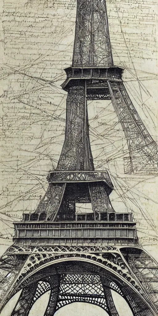 Image similar to architectural design studies of Eiffel Tower, different closeup view, drawn by Leonardo da Vinci, ancient ink draw, artistic, intricated