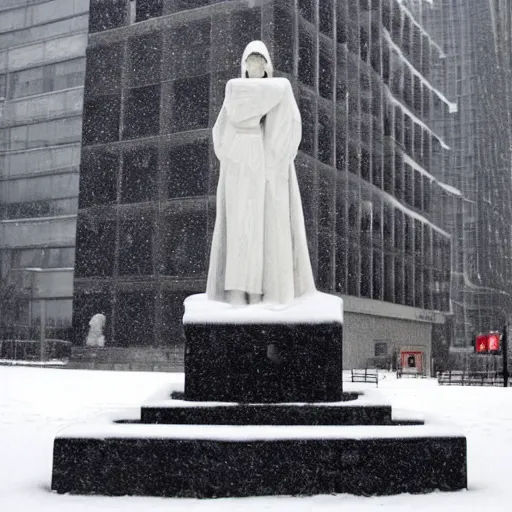 Prompt: black and white photo of snow falling on white cracked marble statue, in the background is a snowy concrete brutalist building, the statue is wearing a haute couture winter jacket by moncler genius, the statue is made of white marble, everything is white marble, sharp focus, depth of field, clear focus, beautiful, denoise, clean, japanese fashion