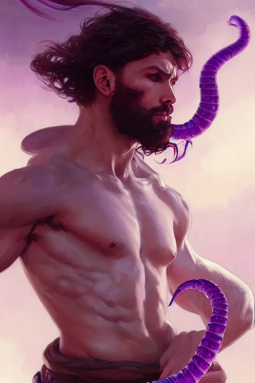 Prompt: male fighter fighting a purple worm, fantasy, amber eyes, face, long hair, intricate, elegant, highly detailed, digital painting, artstation, concept art, smooth, sharp focus, illustration, art by artgerm and greg rutkowski and alphonse mucha