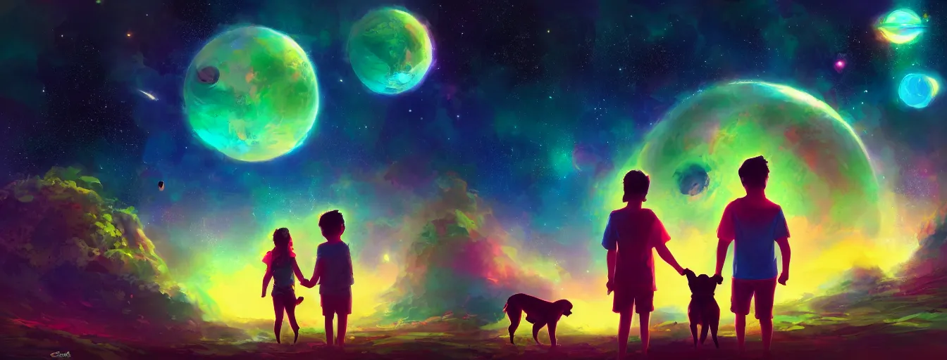 Image similar to rear view of a young couple and a kid holding hands, with a dog sitting next to them in a small green planet looking to the night sky displaying an entire colorful universe, digital art, epic, colorful, highly detailed, by ross tran, artstation