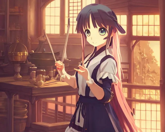 Image similar to anime visual, portrait of a young female knight in a alchemist's shop interior buying potions, cute face by yoh yoshinari, katsura masakazu, cinematic luts, cold studio lighting, dynamic pose, dynamic perspective, strong silhouette, anime cels, ilya kuvshinov, cel shaded, crisp and sharp, rounded eyes