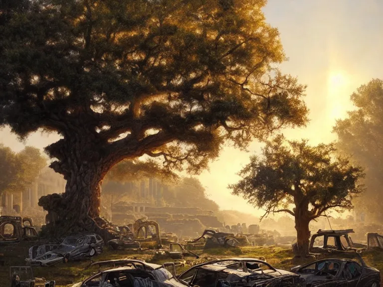 Image similar to oak tree growing in ancient greek ruins, many scrap cars, plastic waste, rubble, pillars, hyperrealistic, highly detailed, cinematic, single ray of golden sunlight, beautiful, cgssociety, artstation, 8 k, oil painting by greg rutkowski, by artgerm, by wlop