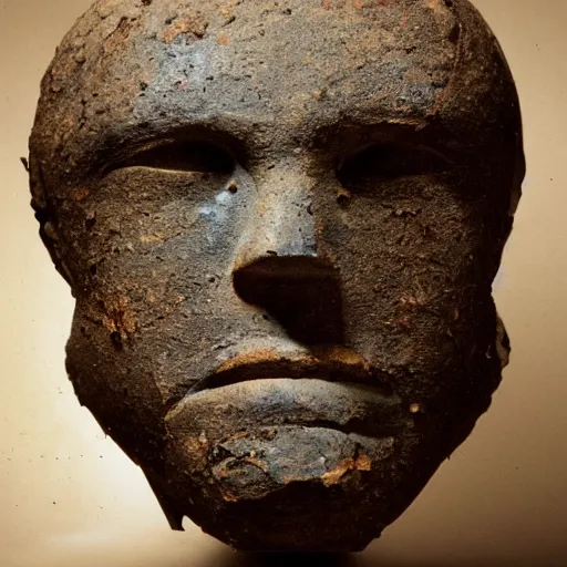 Image similar to an extremely ancient ironman bust that is tarnished and covered in sediment from uncovered earth expedition, rare photograph, smithsonian,