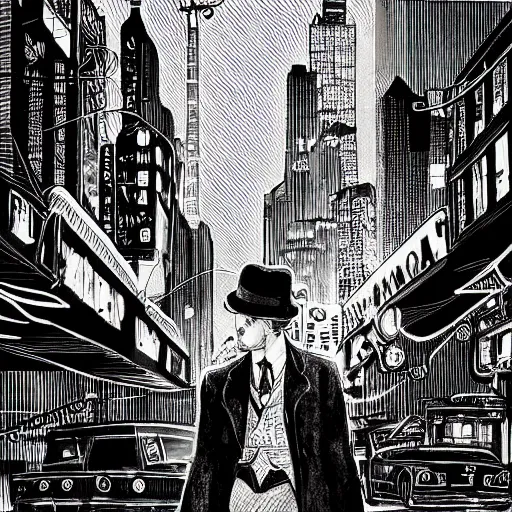 Image similar to noir detective, black ink on paper, trending on artstation, beautiful, intricate, detailed