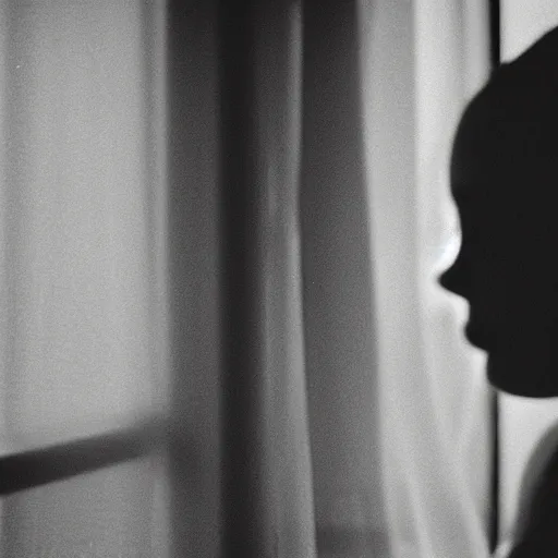 Image similar to black and white photograph portrait of a depressed woman standing by the window, natural light, lomo, film grain, soft vignette, sigma 85mm f/1.4 1/10 sec shutter