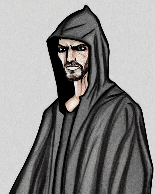 Image similar to character concept portrait of a man in dark robes, hooded, drawn by greg rukowtski