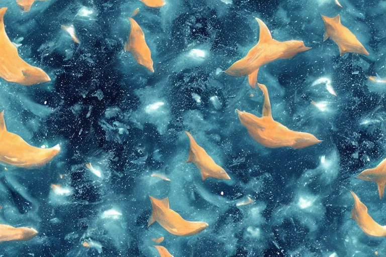 Image similar to a group of cosmic dolphins jumping out of a cosmic ocean in space