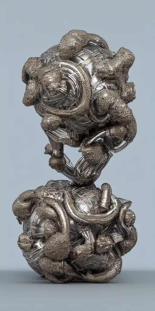 Image similar to a photorealistic render of a metallic rubiccubesolid sculpture, made of liquid metal, c 4 d, by zhelong xu and ernst haeckel, wide angle, hyper realistic, plain background, 8 k, volumetric lightning, octane render
