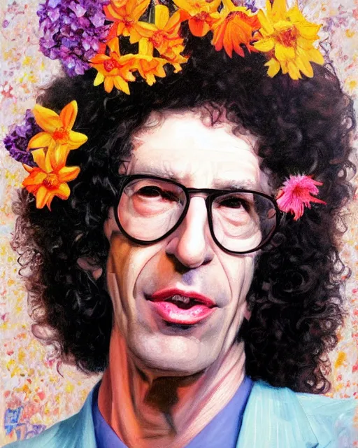 Image similar to a painting of howard stern with flowers in his hair, a character portrait by drew struzan, behance contest winner, american scene painting, oil on canvas, matte drawing, studio portrait