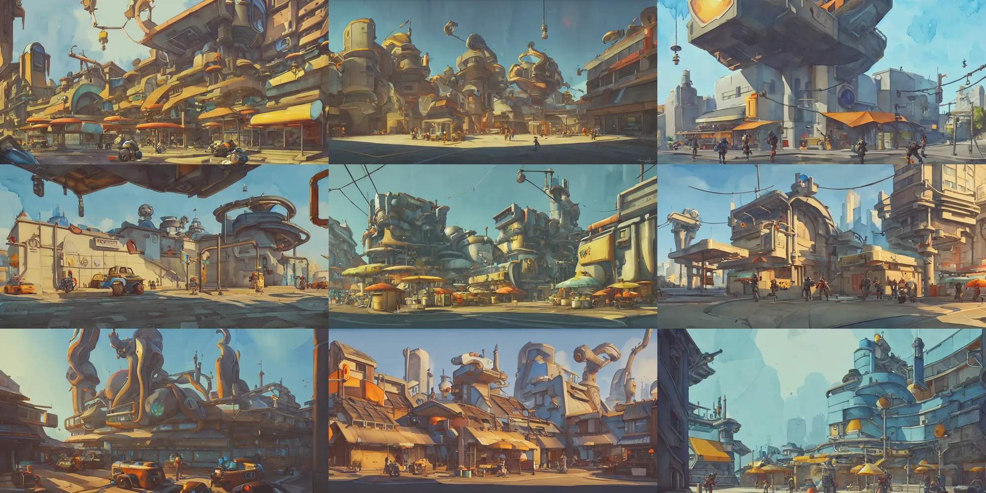 Prompt: overwatch building, stylized, exterior, architecture, in watercolor gouache detailed paintings, insanely detail, artstation, 8 k, futuristic, big medium small, arcane, simon stalenhag, food stall, interesting shapes & form, golden ratio, fantasy