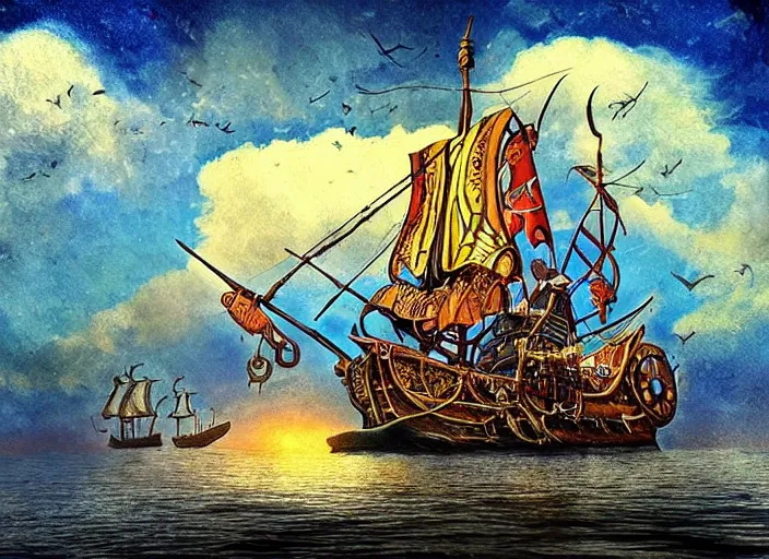 Image similar to sailing pirate ship, amazing sky, lowbrow, 3 - d, highly detailed, in the style of alexander jansson,