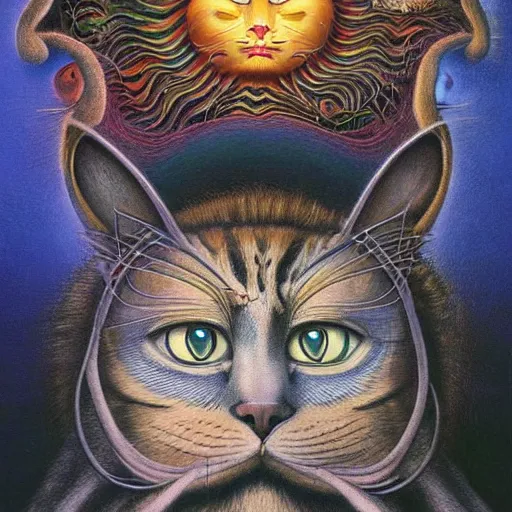 Image similar to a cat having an ego trip, by alex grey, by Esao Andrews and Karol Bak and Zdzislaw Beksinski and Zdzisław Beksiński, trending on ArtStation