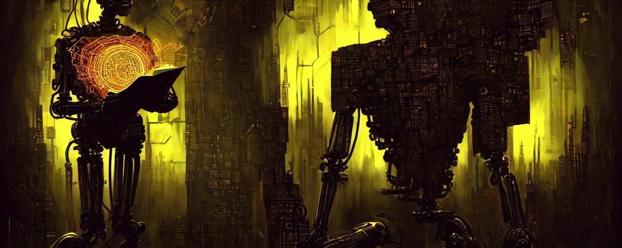 Image similar to dark scifi illustration 3 / 4 portrait of a robot reading necronomicon, apocalyptic city. cinematic lighting mad scientist style. golden ratio accidental renaissance. in the style of dave mckean and jean michel basquiat. graffiti art, scifi, fantasy, hyper detailed. octane render. concept art. trending on artstation