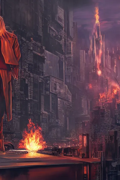 Image similar to in the foreground Saint Petersburg in cyberpunk, in the background a magnificent young blonde woman from behind playing with flames coming out of her hands wearing a long matrix-style jacket, realistic, high definition, many details, dramatic scene, symmetrical face, eyes realistic, art of jesper ejsing