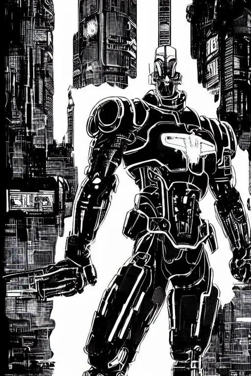 Image similar to ultron standing heroically, a page from cyberpunk 2 0 2 0, style of paolo parente, style of mike jackson, adam smasher, johnny silverhand, 1 9 9 0 s comic book style, white background, ink drawing, black and white