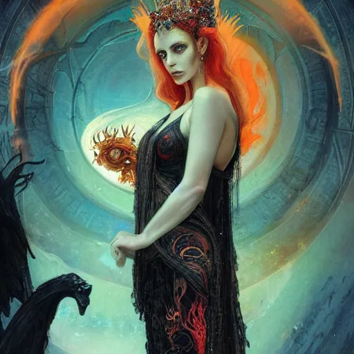 Image similar to epic masterpiece full body portrait a beautiful Persephone with a beautiful face and flawless skin, queen of the underworld, in Hades, flames and smoke in background, hell hound at her side, by Edgar Maxence and Ross Tran and Michael Whelan