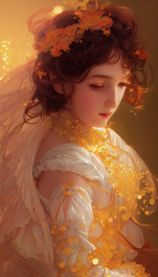 Prompt: portrait of magical lolita girl, dreamy and ethereal, golden orange eyes, peaceful expression, ornate frilly dress, fantasy, intricate, elegant, rainbow bubbles, highly detailed, digital painting, artstation, concept art, smooth, sharp focus, illustration, art by artgerm and greg rutkowski and alphonse mucha