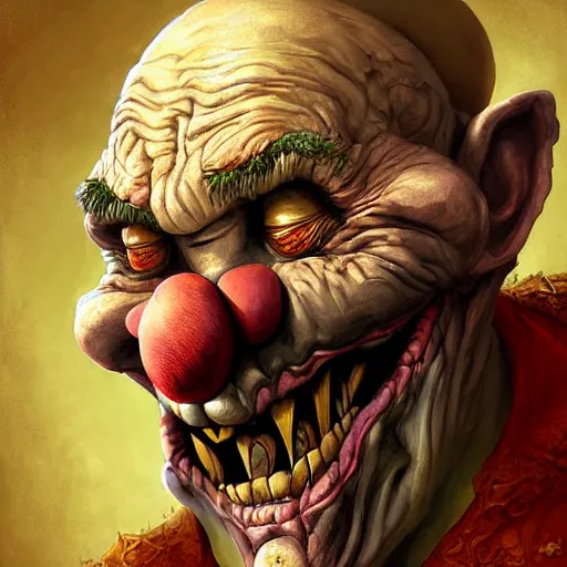 Image similar to digital painting of a wrinkled old scary clown by filipe pagliuso and justin gerard, fantasy, highly, detailed, realistic, intricate