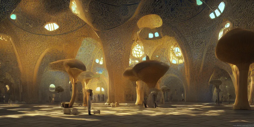 Prompt: Photorealistic exterior of a mosque in giant glowing mushroom underworld, with great domes and arches, people and androids wearing traditional japanese clothing. photorealism, UHD, amazing depth, glowing rich colors, golden ratio, 3D octane cycle unreal engine 5, volumetric lighting, cinematic lighting, cgstation artstation concept art