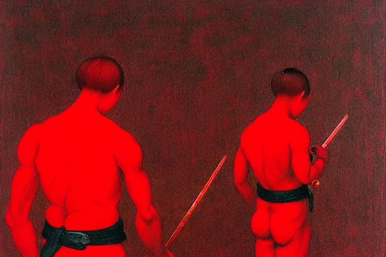 Image similar to only with red, a red samurai do seppuku, tokio, a lot of frogs watch, in the style of beksinski, parts by edward hopper, parts by rodcenko, parts by yue minjun, intricate and epic composition, red by caravaggio, insanely quality, highly detailed, masterpiece, red light, artstation, 4 k