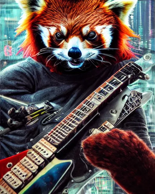 Image similar to a portrait of an anthropomorphic cyberpunk red panda shredding an electric guitar by sandra chevrier, by jon foster, detailed render, electric guitar, epic composition, cybernetics, 4 k realistic, cryengine, realistic shaded lighting, sharp focus, masterpiece, by enki bilal