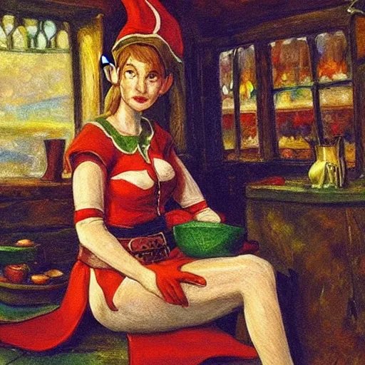 Prompt: An elf woman sitting in a tavern, fantasy, colorful