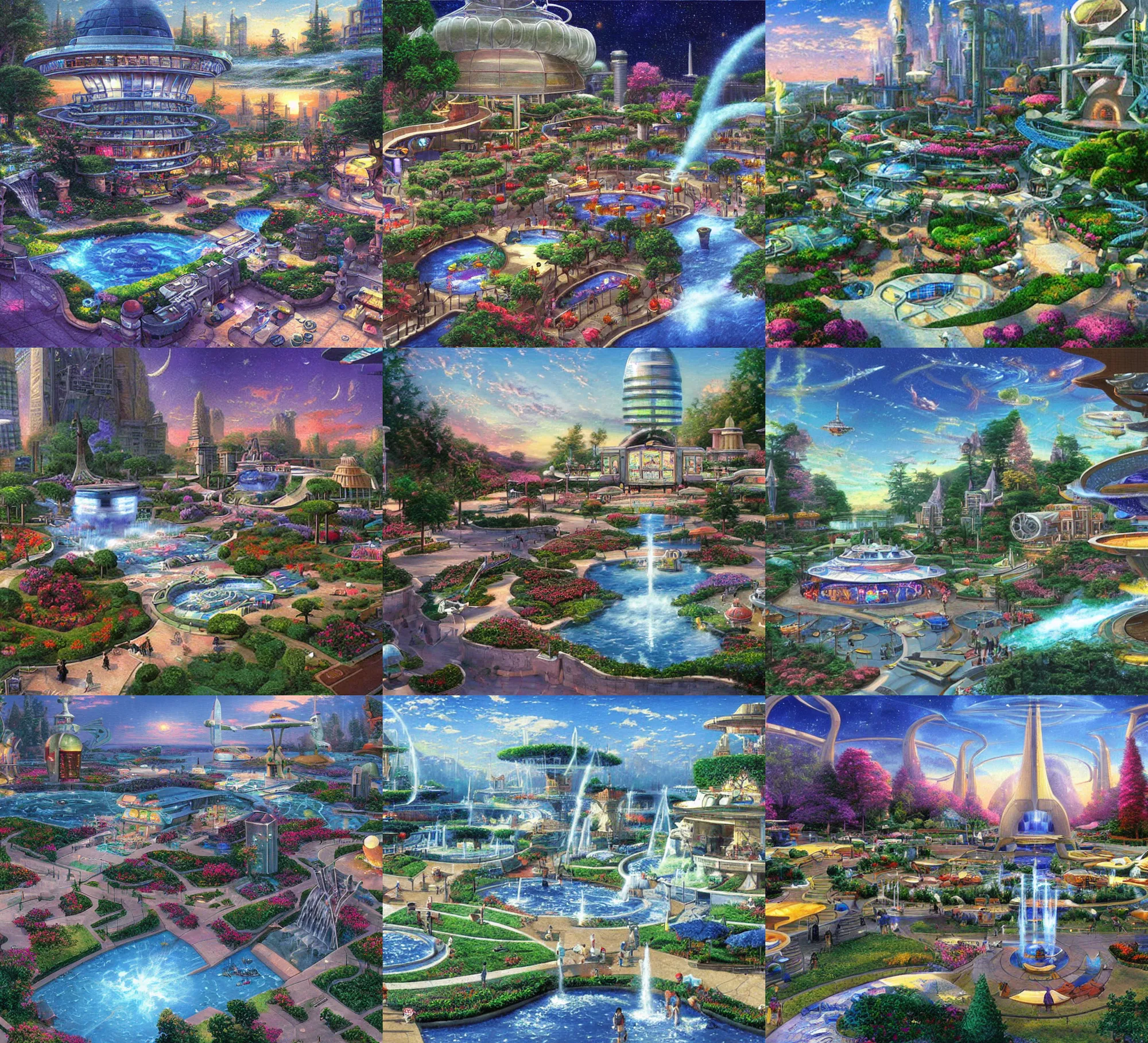 Prompt: a open plaza area on a spaceship with a water feature in the middle and stores around the outside, from a point and click 2 d graphic adventure game, art by thomas kinkade
