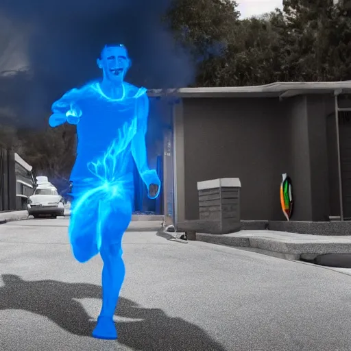 Image similar to Obama is buffed has a blue realistic VFX fire engulfing his hand, Obama is smiling and running towards the viewer, 40nm lens, 4k,