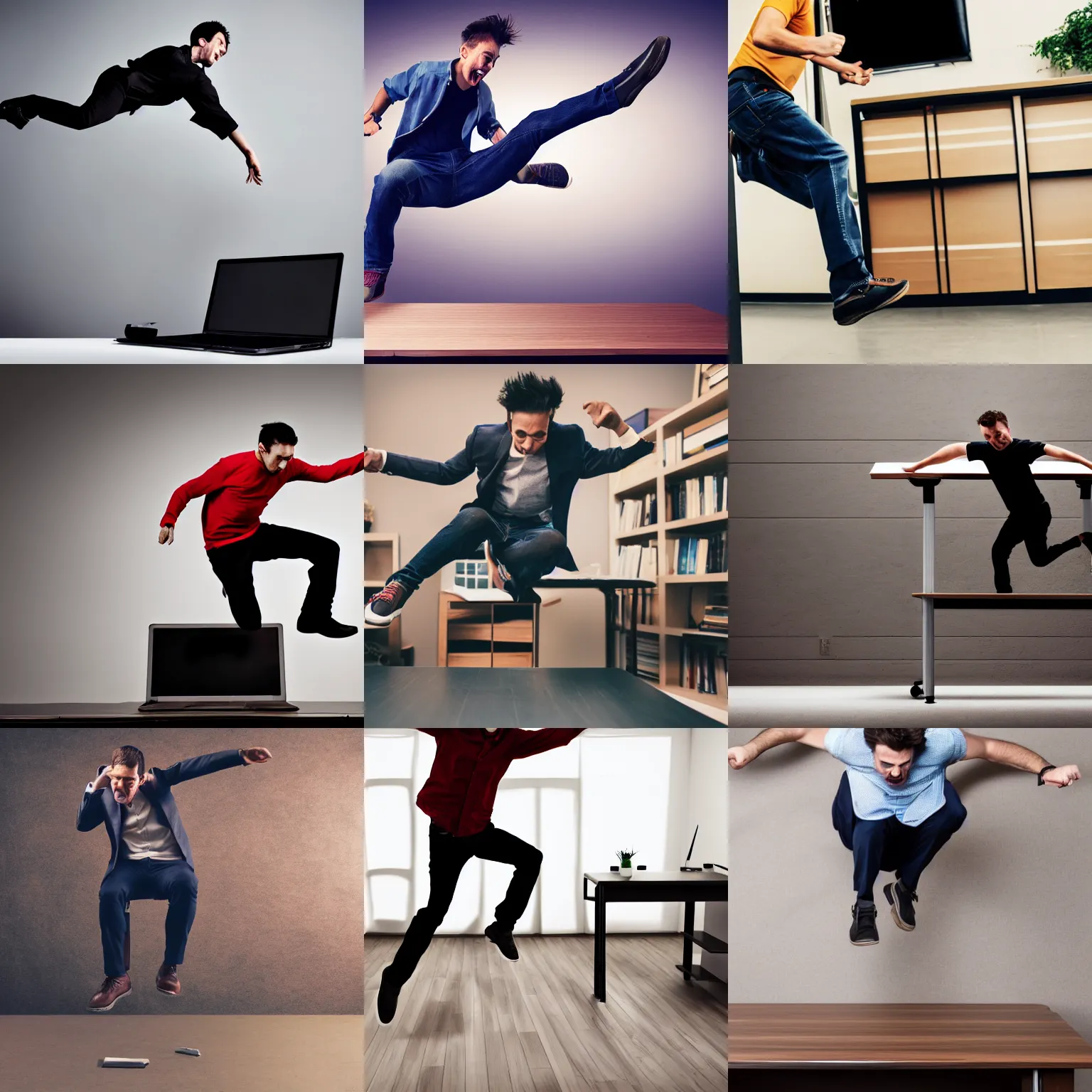 Prompt: Guy jumping on a desk and breaking it, photograph 4k